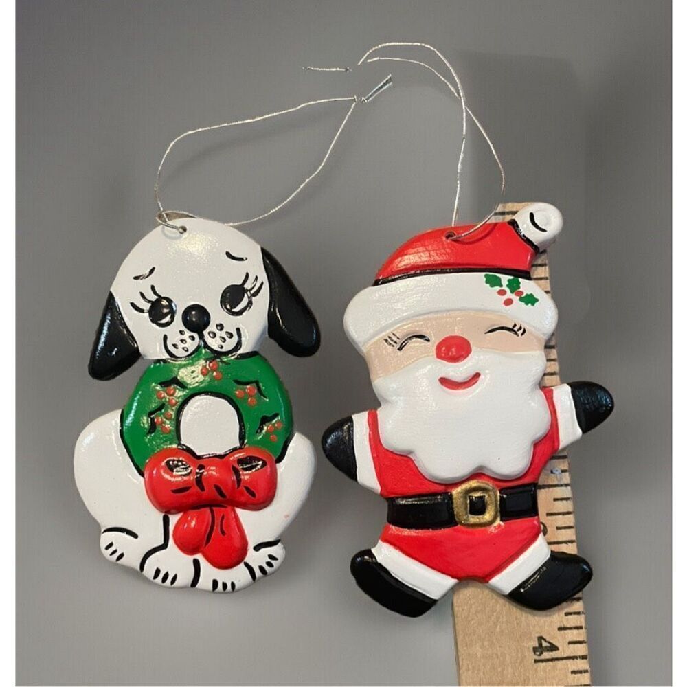 Clare Set‎ of 2 Christmas Hanging Ornaments Santa & Dog Puppy Wreath Flat